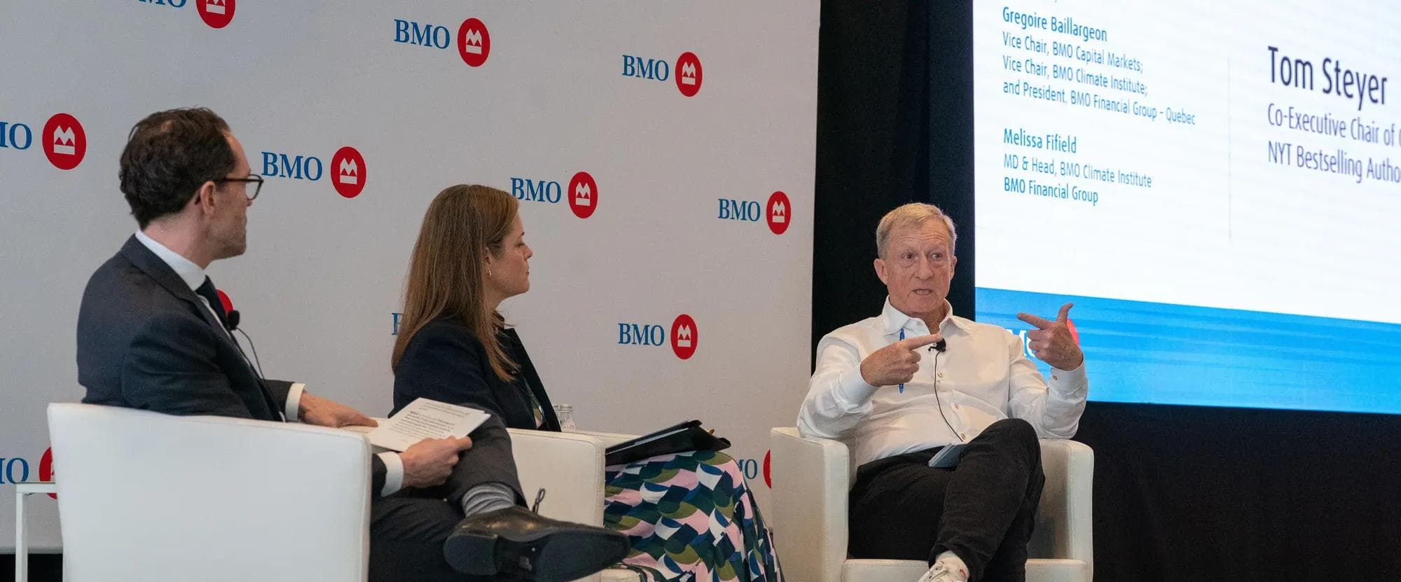 Tom Steyer speaks at a BMO client event. 