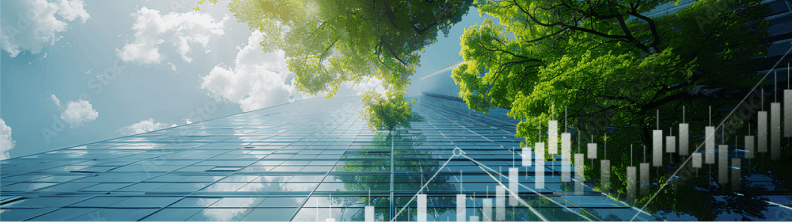 Data from a chart is imposed over an upward perspective of an office building and a green tree.