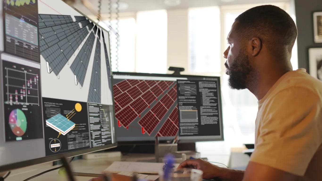 An engineer works on the design of a solar panel array using a computer.  