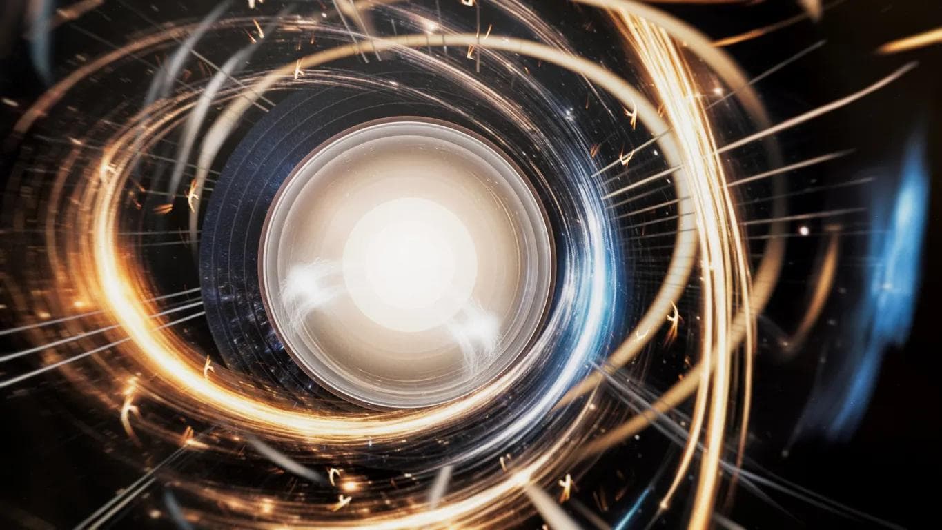 A 3D-rendered image of particles colliding in an accelerator. 
