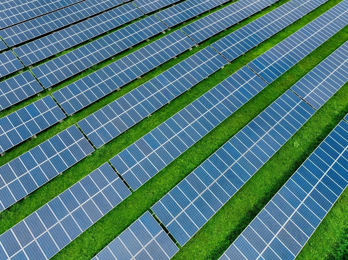 An aerial view of a solar farm. 