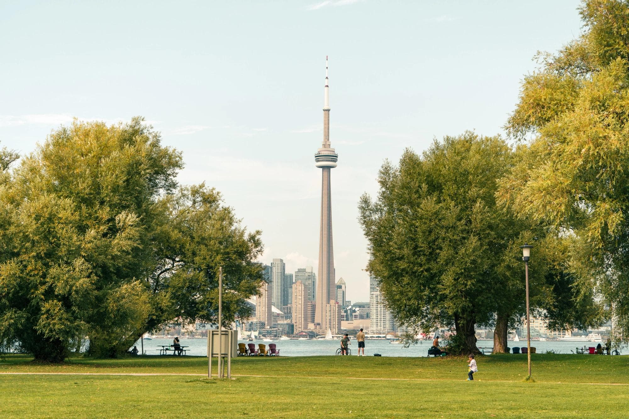 Scenic view of a Toronto skyline framed by lush greenery on a sunny day.   