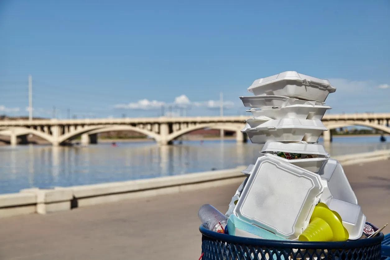 White styrofoam used food containers are stacked high in a waste bin at a park. 