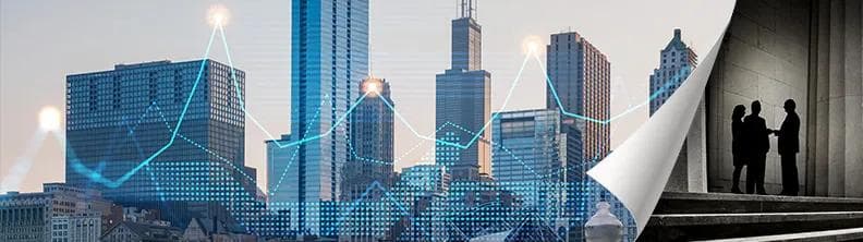 Magazine Page Flip: Stock Market over skyline 