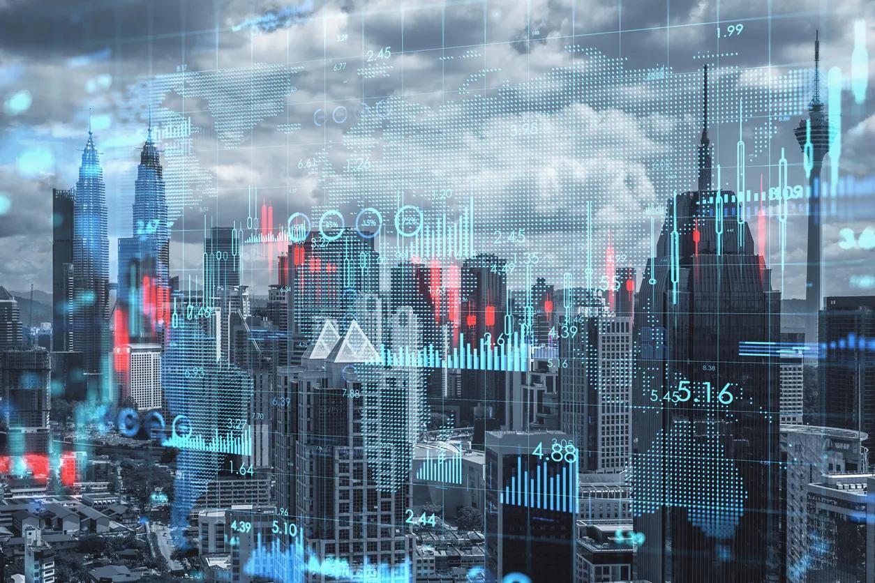 Creative growing financial forex chart graph and map hologram on blurry city background. Market, stock and trading concept. Double exposure