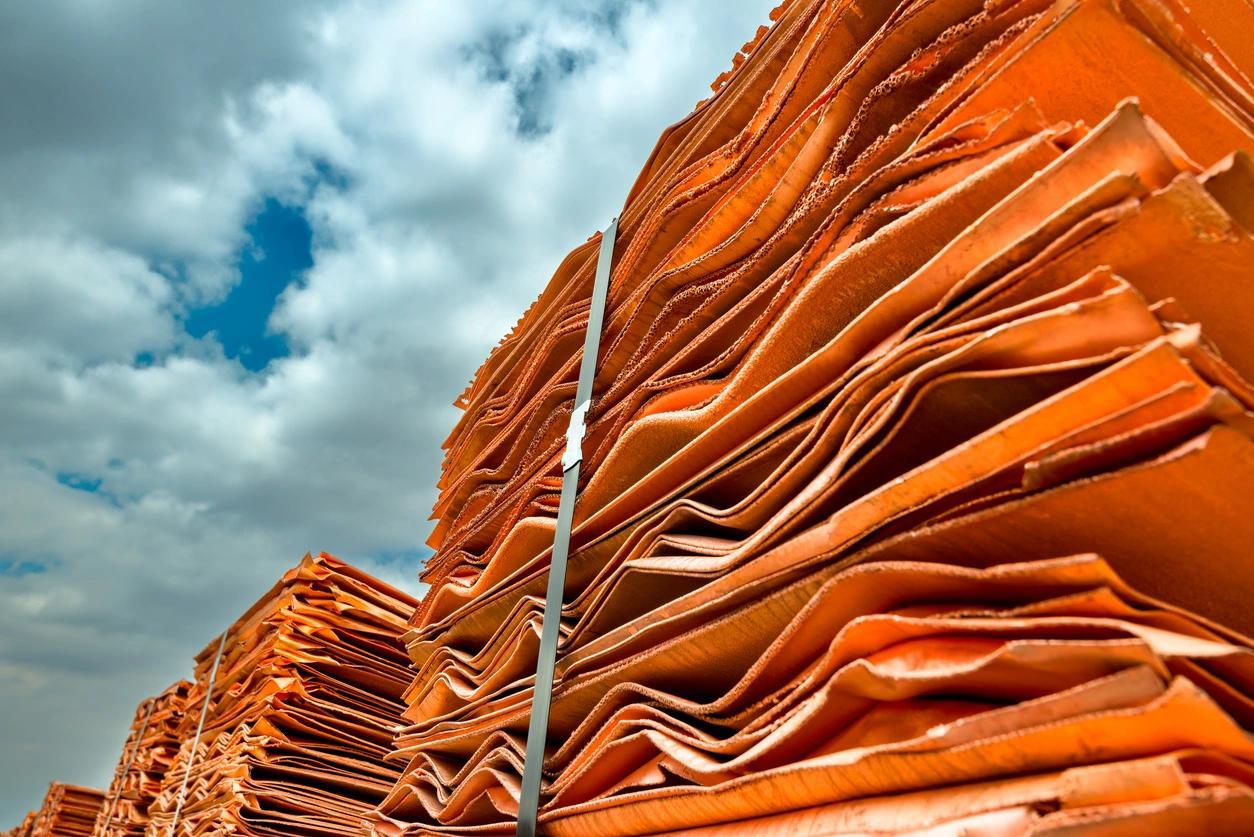 Copper cathodes loaded on a train in a copper mine ready to be delivered 