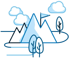 Illustrated icon showing a small mountain scene with clouds and trees, with a flag planted on one of the small mountains to show reaching new heights, colored in shades of blue to match BMO branding