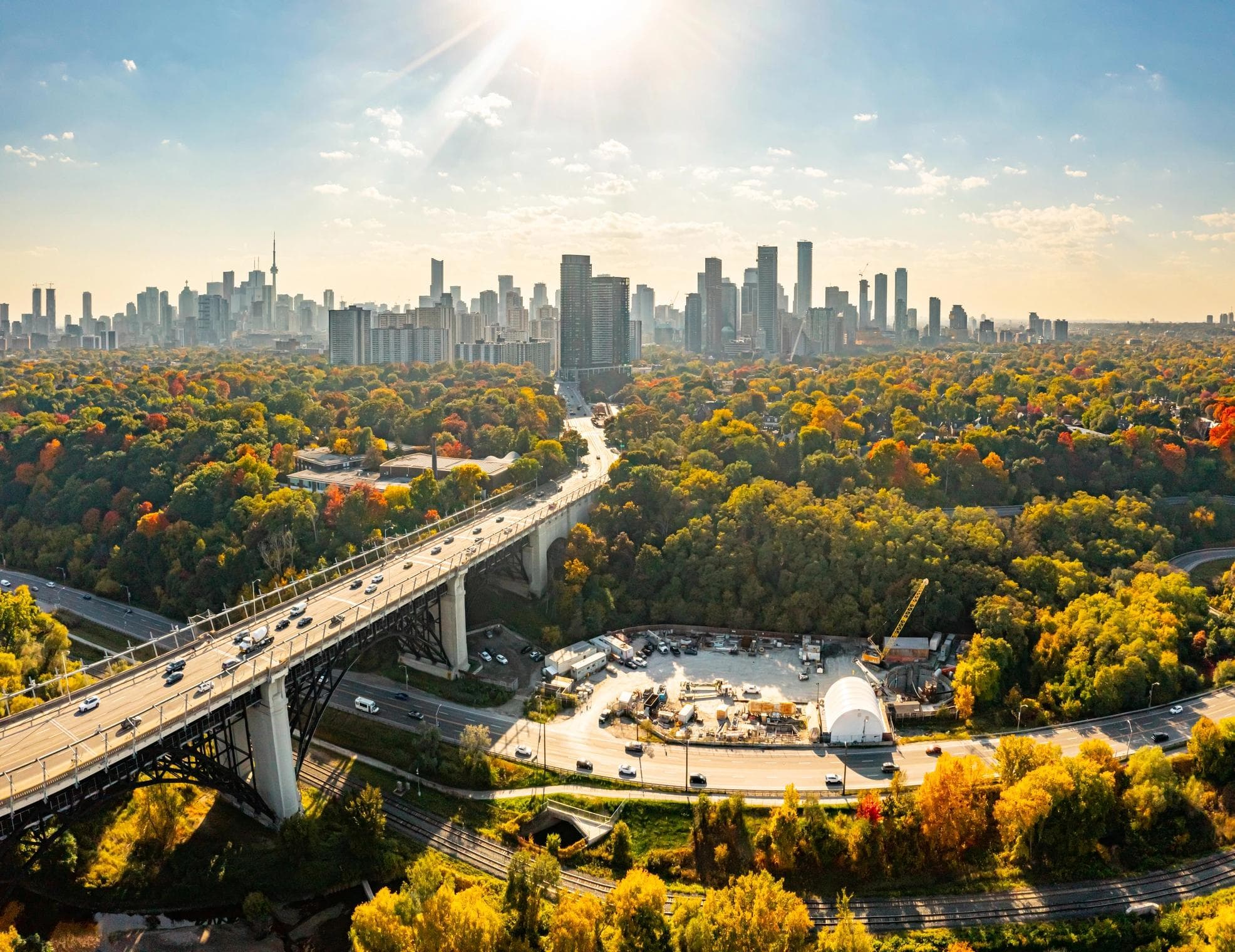 Aerial view of Don Valley Park and Lower Don River Trail in Toronto, Canada. 