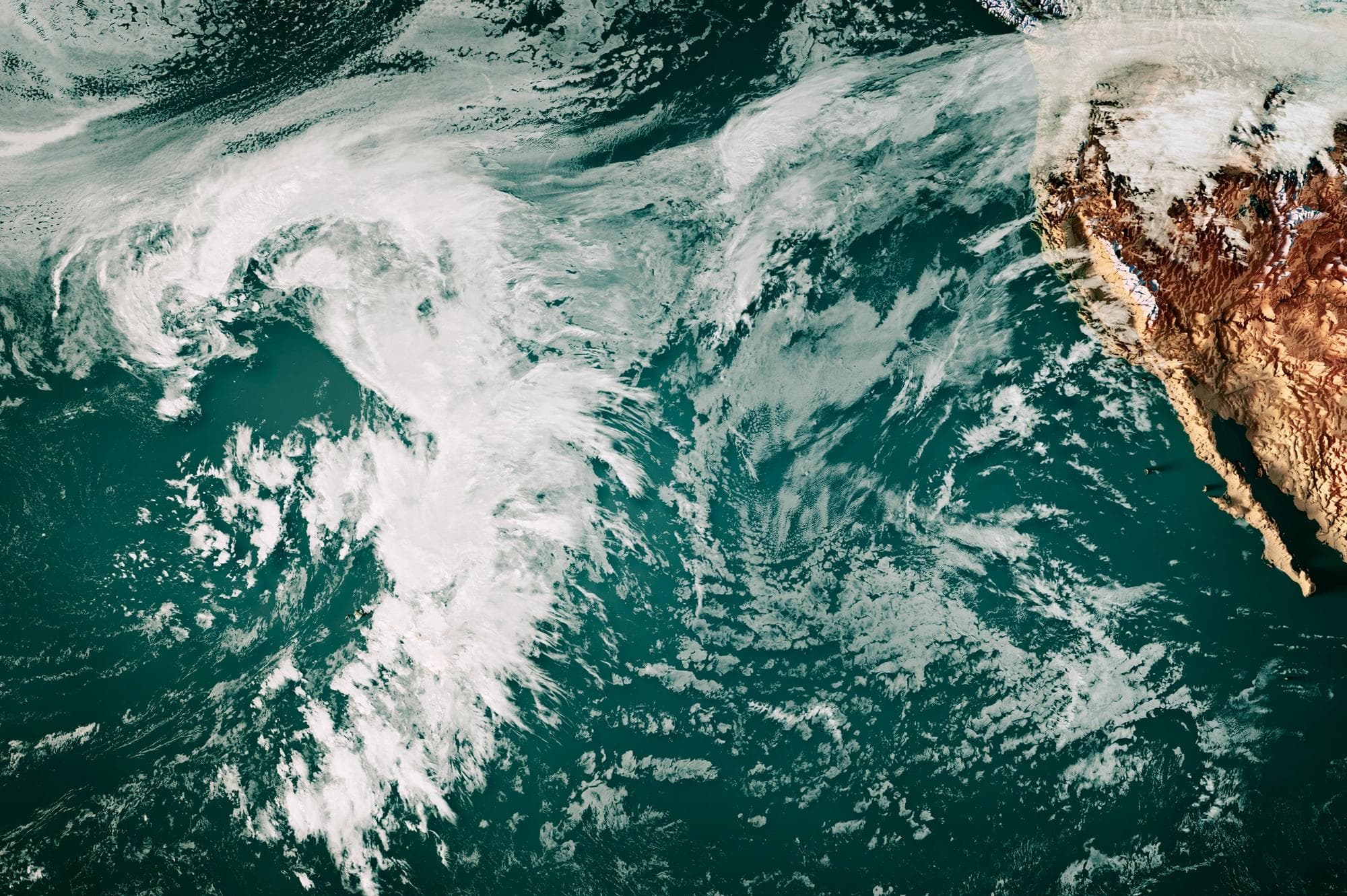 Topographical map of the Pacific Ocean with a gathering storm. 