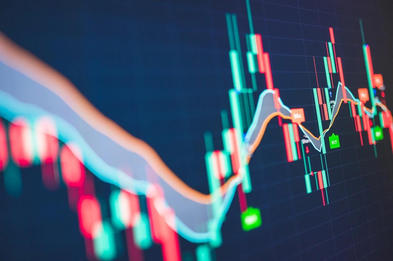 Close-up view of a candlestick chart, tracking a financial asset price movement