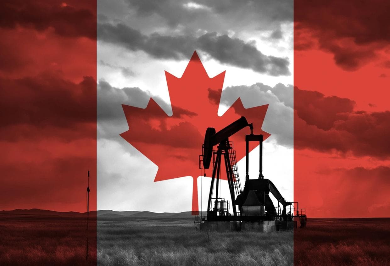 Drilling for oil in the countryside with Canadian national flag overlay 