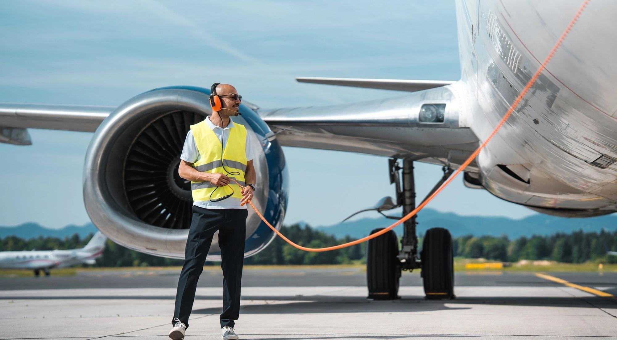 A man uses a headset and holds an orange cable to relay information near an aircraft's forward fuselage and engine. 