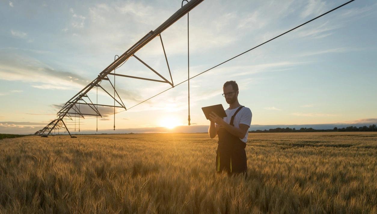 A farmer or agronomist in a ripe wheat field beneath a center pivot irrigation system and using a tablet at sunset. 
