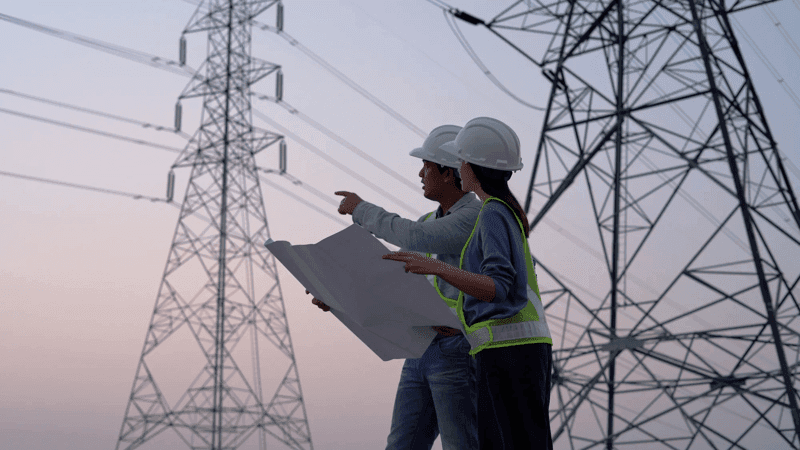 Two electrical engineers work near a high voltage tower.