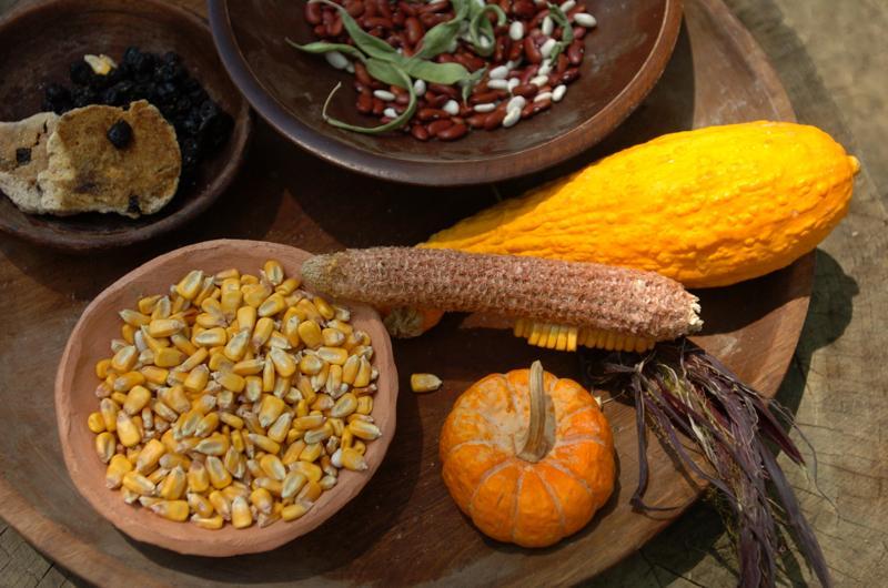 A platter displays corn, beans, and squash at harvest time.  