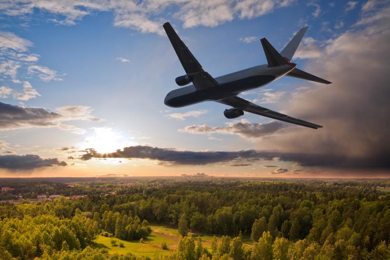 Airplane flying over a forest at sunset. 