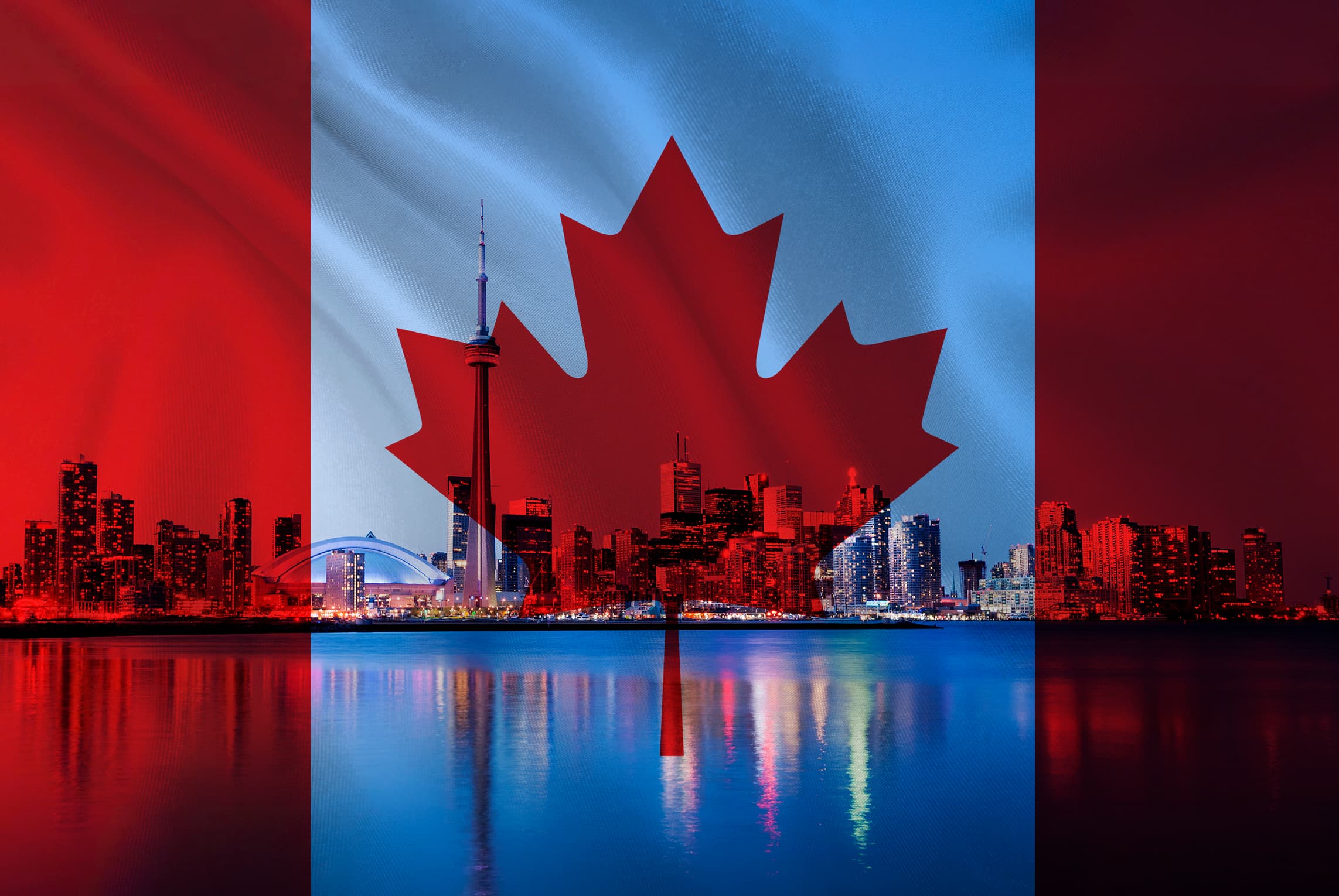 Toronto cityscape with Canadian flag in the background
