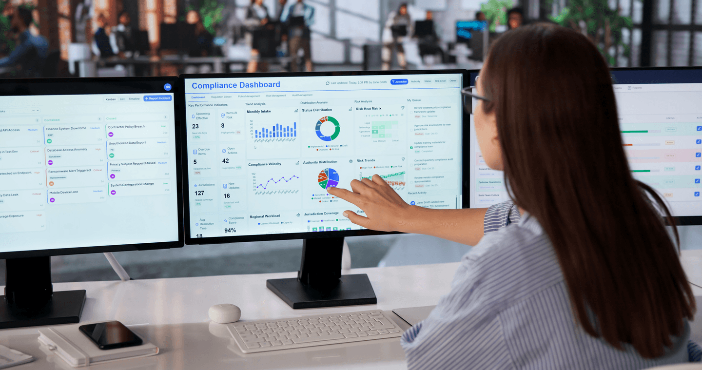 A woman analyzes a real-time risk dashboard on multiple monitors.