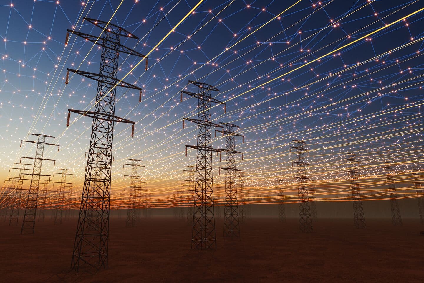 High-voltage transmission towers beneath a graphic overlay representing a digital energy grid.