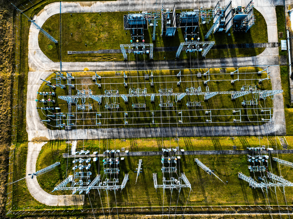 Aerial view of power substation