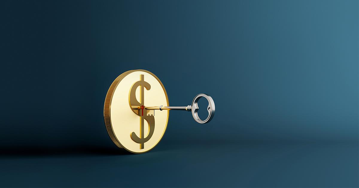 gold coin currency with padlock shape and the key to unlock