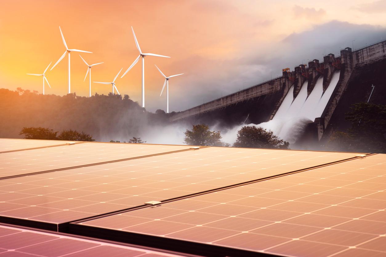 Electricity from solar panels, dams, and wind turbines