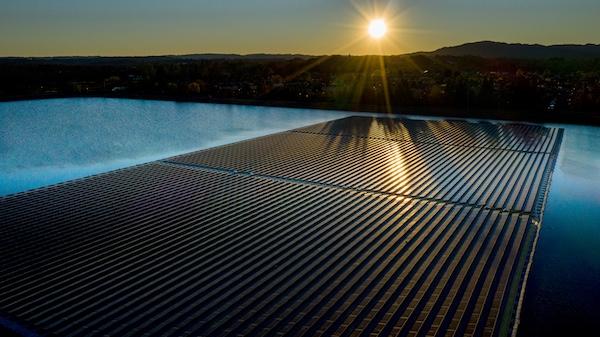 Floating solar panels in the Town of Windsor, Calif., installed by Ciel et Terre, during a sunrise