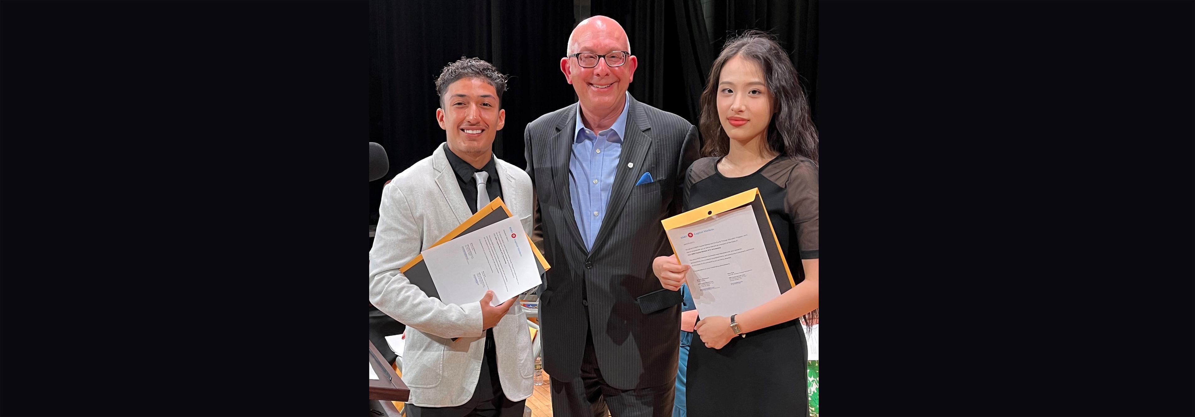 Pictured left to right: Sebastian Ospina, 2024 Scholarship Recipient; Brad Rothbaum, Senior Advisor; and Lucy Li, 2024 Scholarship Recipien