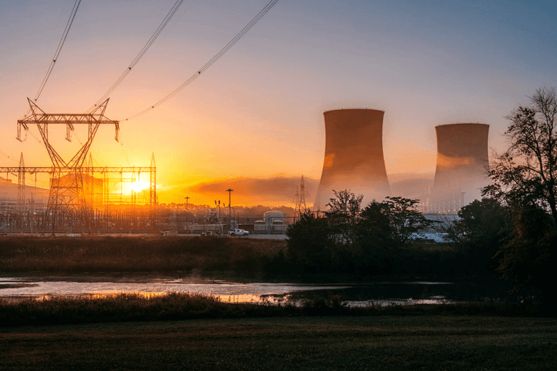 Cooling towers of a nuclear power facility in Tennessee on a sunny day.