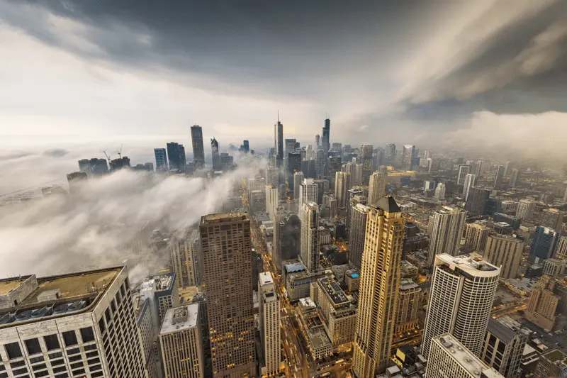 Chicago skyline view with storms and fog rolling in.