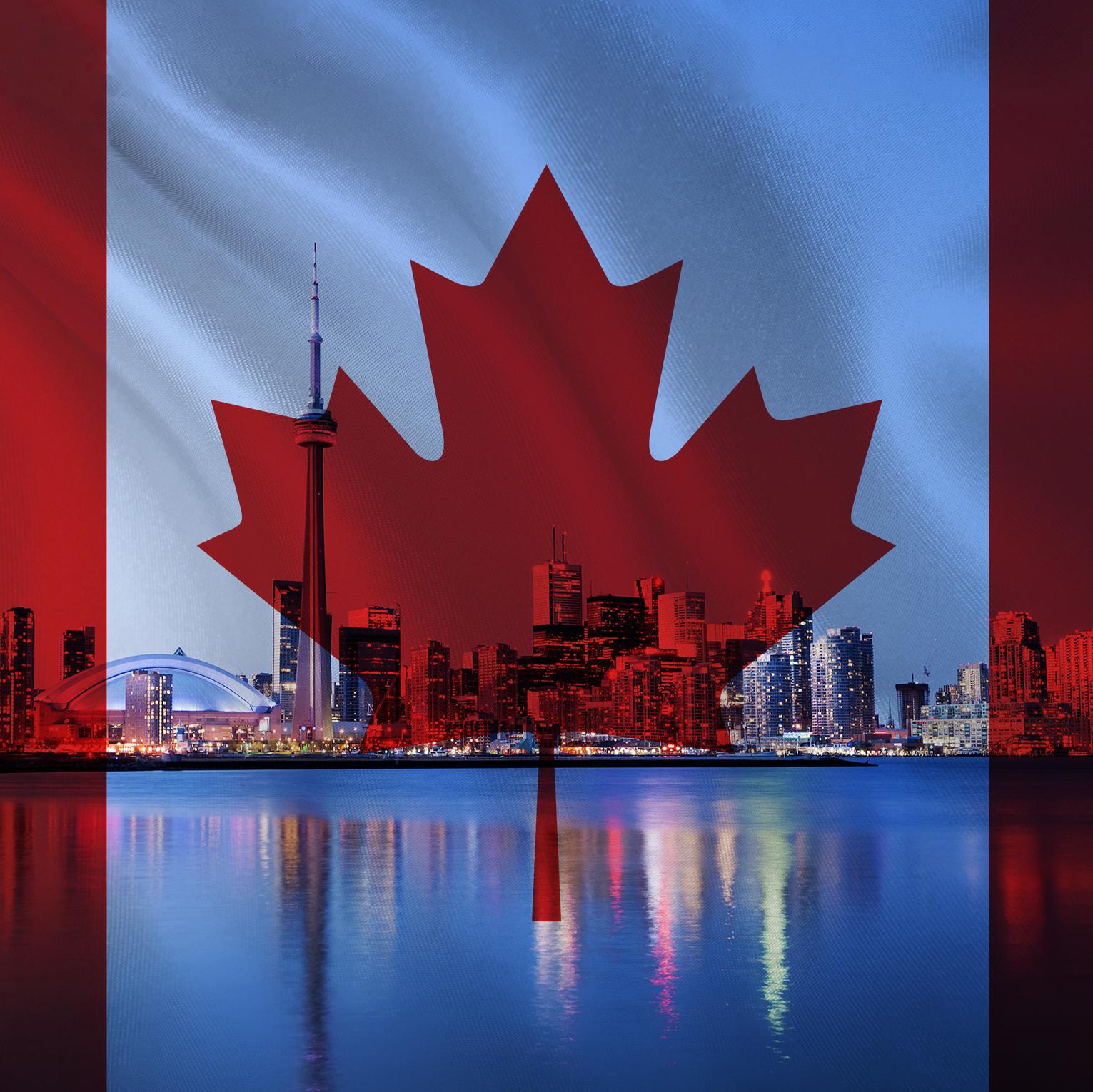 Toronto cityscape with Canadian flag in the background