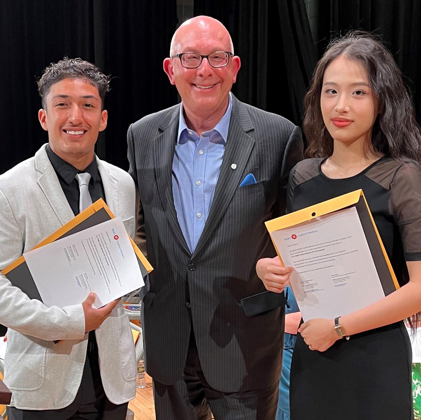 Pictured left to right: Sebastian Ospina, 2024 Scholarship Recipient; Brad Rothbaum, Senior Advisor; and Lucy Li, 2024 Scholarship Recipien